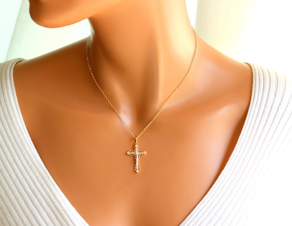 18k Gold Crucifix Cross Necklace  Cross Choker Catholic Jewelry Gold Filled Cross Pendant Necklaces Women