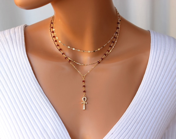 Gold Ankh Necklace Women Garnet Double Choker Multi Strand Necklaces Egyptian Jewelry READ DESCRIPTION