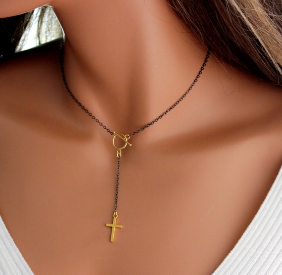 Rosary Necklace Black Sterling Silver Gold Filled Cross Pendant Two Tone Choker Jewelry Simple Y Necklaces Women Girls Gift Christian