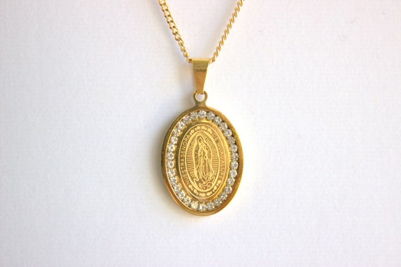 Our Lady of Guadalupe Pendant Necklace Mens Gold Stainless Steel Virgin Mother Mary Maria Jewelry