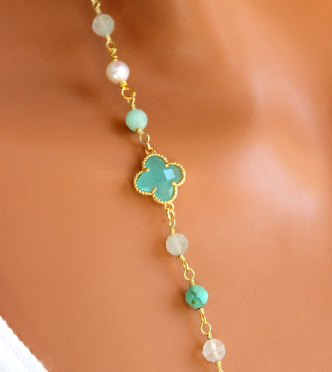 Long Clover Necklace Mint Green Clover Pendant Necklaces Women | Etsy