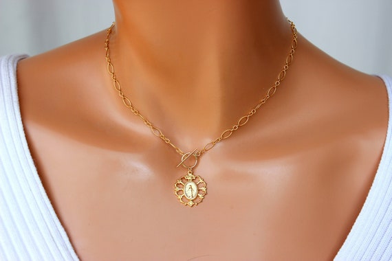 Gold Mary Charm Choker Necklace Women Miraculous Virgin Mary Necklaces Sterling Silver Textured Chain Jewelry Long Link Chain