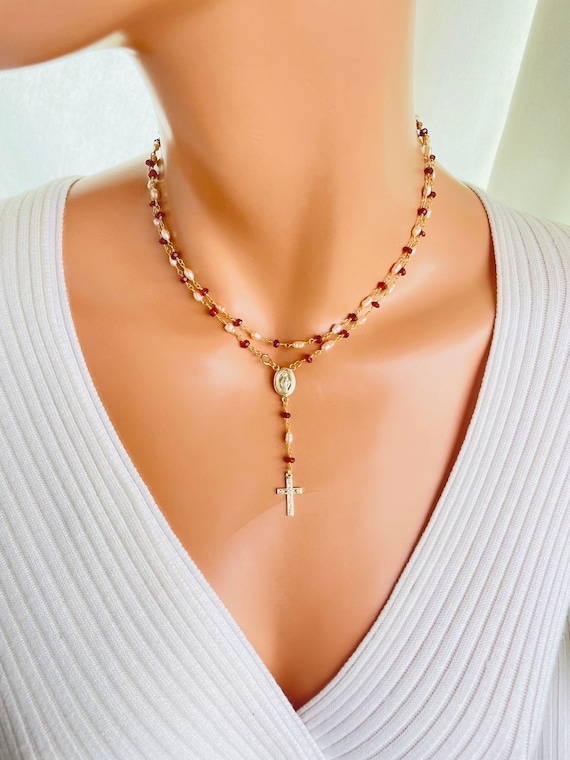 Gold rosary necklace for women Mary miraculous cross necklaces pearl garnet Multistrand Necklace religious Catholic jewelry gift for mom
