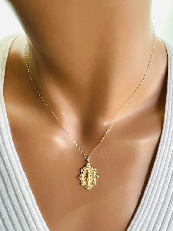 Gold Miraculous Medal Necklace Mother Mary Medallion Pendant Swarovski Crystal Catholic Christian Jewelry Religious Necklaces