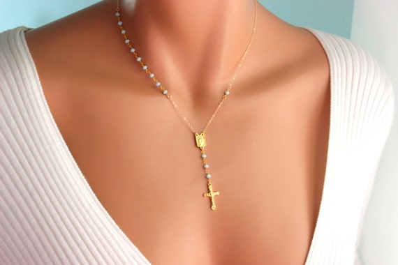 BEST SELLER Unique Gold Rosary Necklace  Amazonite Crucifix Cross Necklaces Women Spirtual Jewelry Unique Y Style Lariat Gift