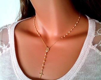 Peruvian Pink Opal Rosary Necklace Women 14kt Gold Filled Cross Pendant Miraculous Catholic Christian Jewelry Confirmation Mothers Day Gift