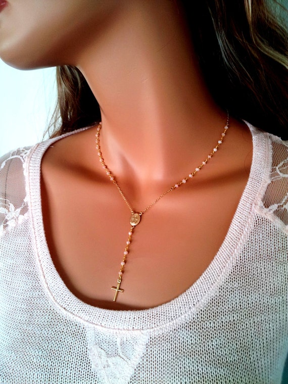 Peruvian Pink Opal Rosary Necklace Women 14kt Gold Filled Cross Pendant Miraculous Catholic Christian Jewelry Confirmation Mothers Day Gift