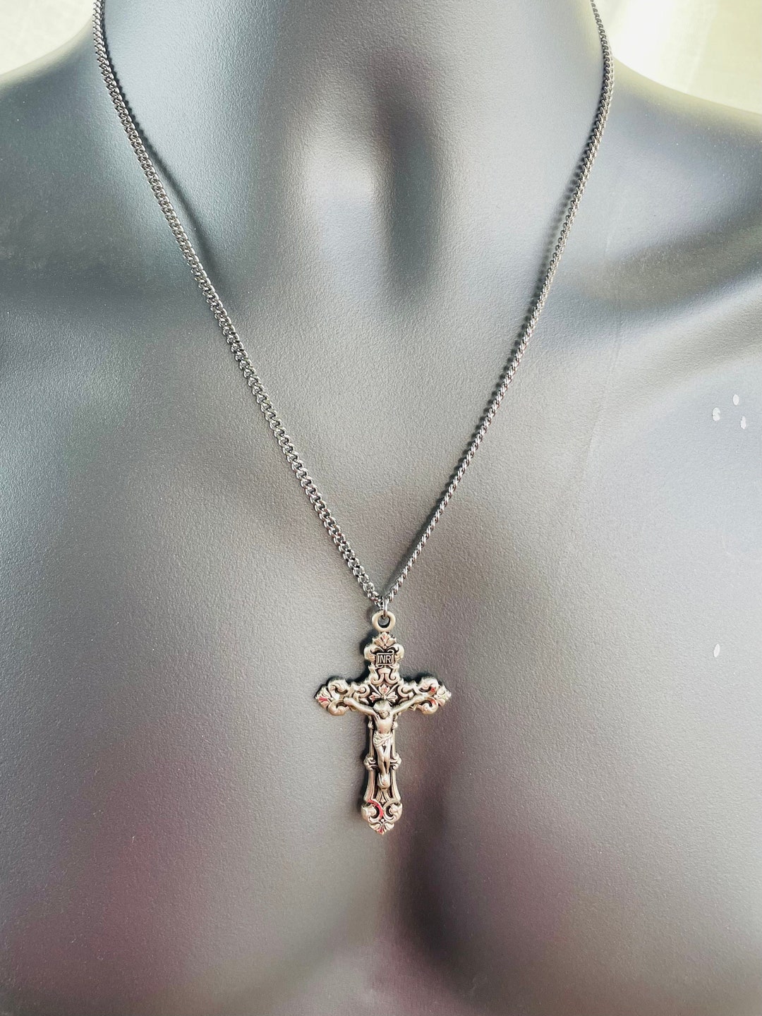 Mendel Large Mens Gold Plated Stainless Steel Catholic Jesus Crucifix Cross Necklace