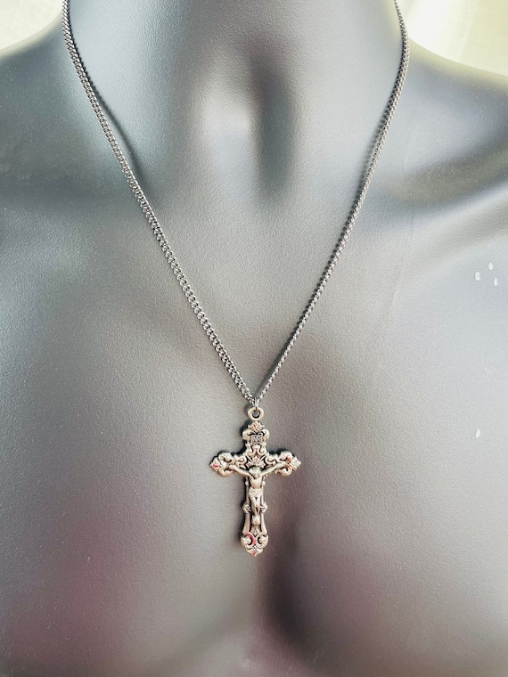 Very Large 925 sterling silver crucifix cross pendant necklace for men steel chain crucifix Jesus Catholic jewelry protection necklaces