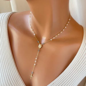 Gold Rosary Necklace, Swarovski crystal, 14k gold filled choker Mary miraculous medal cross charm necklaces catholic Jewelry gift for women