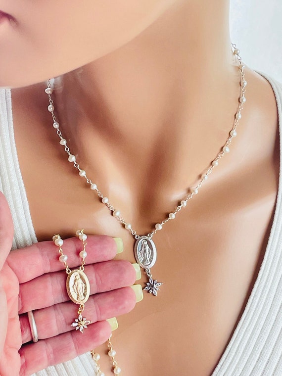 Sterling silver Mary miraculous medal pearl necklace 14K gold filled Virgin Mary charm necklaces, cz flower freshwater pearls gift for mom