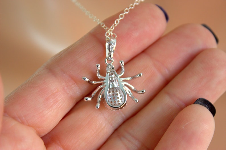 May include: A silver spider pendant necklace with a detailed design. The spider has a round body with a mesh pattern and eight legs.