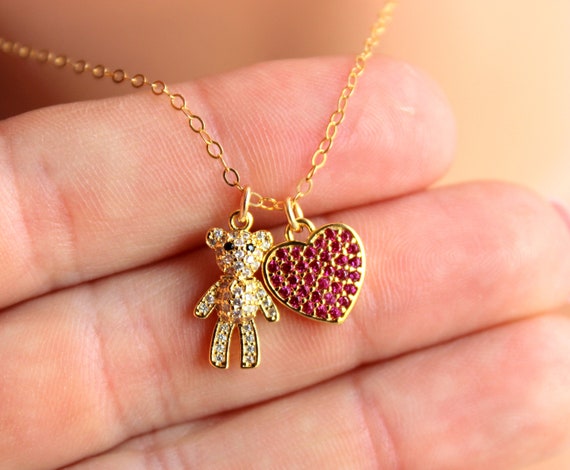 Heart charm necklace 14 K gold filled teddy bear necklaces women little girls valentines day gift