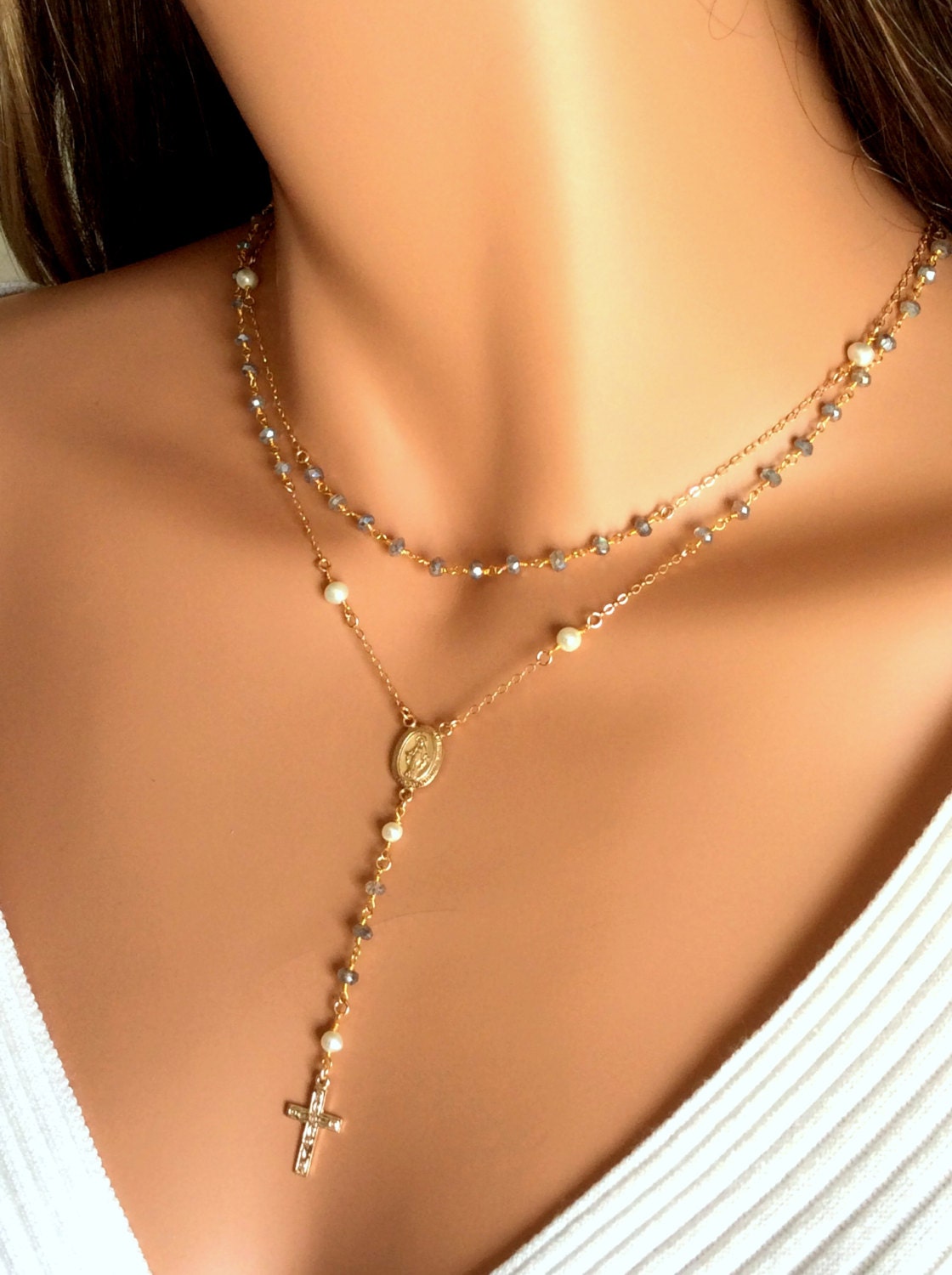 Gold Rosary Necklace for Women Labradorite Multi Strand Pearl 925