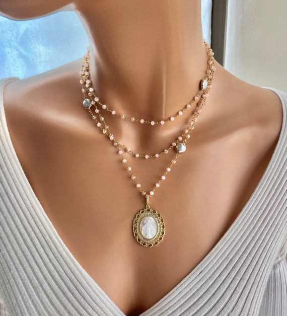 Gold Miraculous Mary Pendant and Necklace, multstrand Necklace, Rosary and Necklace, mother of pearl, multi layer necklaces, religious gift