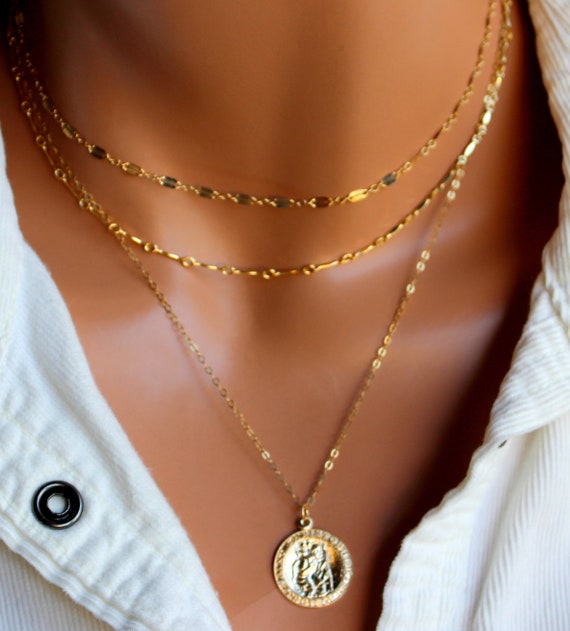 Gold Christopher Necklace Gold Coin Charm Multi Strand Pendant Necklaces Jewelry Women Protection Gift for her