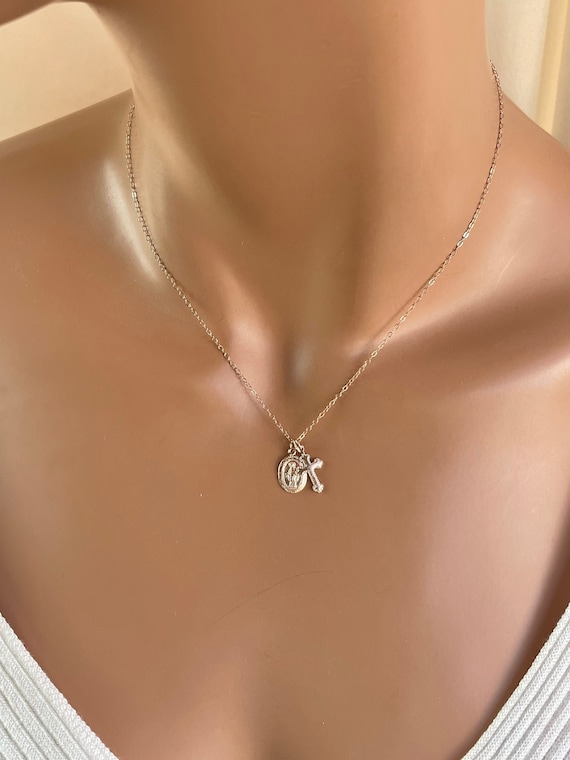 Gold Miraculous Cross Double Charm Necklace sterling silver rose gold filled women Confirmtion Religious Two Charms Necklaces Sest Seller