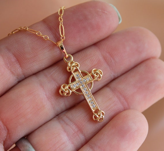 Gold Fille Cross Pendant Necklace Women Crystal Cross Pendant Cross Charm, Women Religious Christian Jewelry Girls