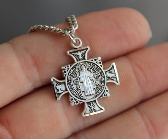 Sterling Silver Maltese Cross Necklace Men Saint Benedict Pendant Necklaces Protection Silver Cross Chain Catholic Religious Gift for Men