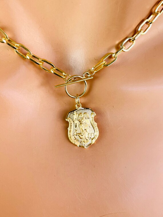 Gold Saint Michael Necklace Women St Michael Pendant Choker Necklace Patron Saint Charm Chunky Chain 14k Gold Filled Thick Chain Necklaces