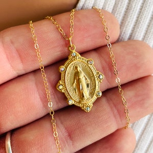 Gold Miraculous Medal Necklace: Mother Mary Pendant, Swarovski Crystal Women