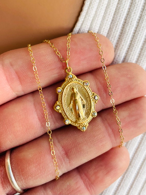 Gold Miraculous Medal Necklace Mother Mary Medallion Pendant Swarovski Crystal Catholic Christian Jewelry Religious Necklaces