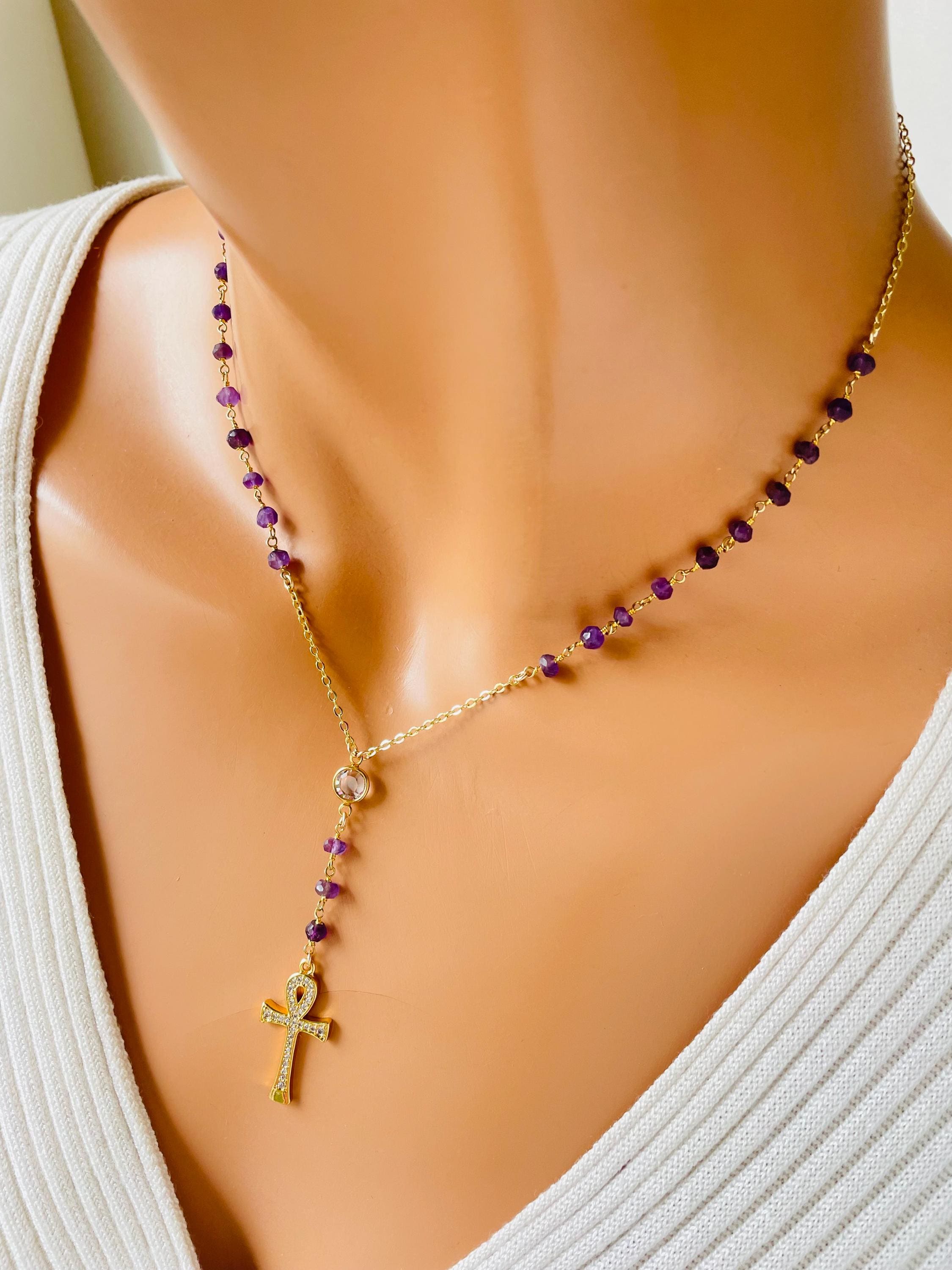 Gold Ankh Necklace: Genuine Amethyst Lariat, Egyptian Cross, Women