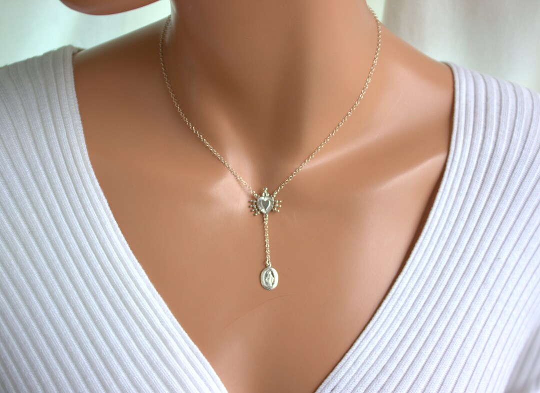 Sterling Silver Sacred Heart of Jesus Rosary, Miraculous Charm Necklace ...