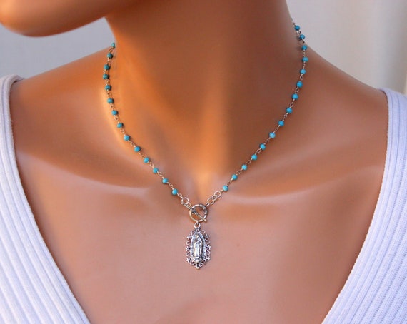 Sterling Silver Our Lady of Guadalupe Necklace Turquoise Virgin Mary Choker Necklaces Religious Catholic Jewelry Gift