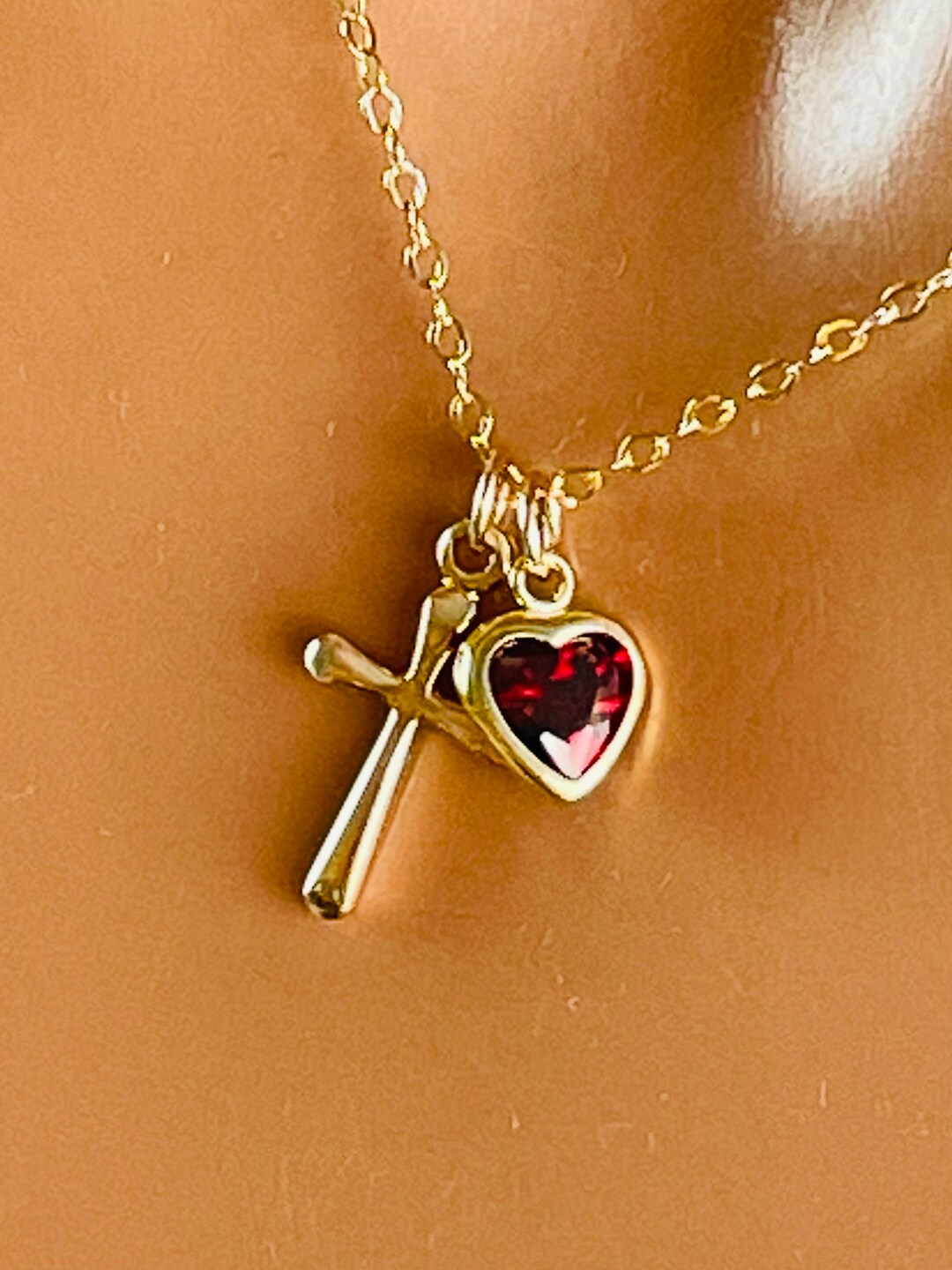 Dainty Gold Cross Heart Double Charm Necklace Women Girls Simple Small