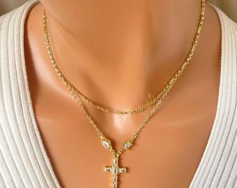 Collar con cruz de oro laminado de 14k y múltiples hilos, elegante joyería cristiana, regalo para la novia o para mamá.