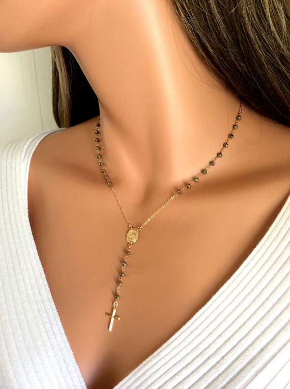 Rosary Necklace Natural Pyrite Gemstone 14kt Gold Filled Custom Rosaries Cross Necklaces Women Girls Confirmation Gift Religious