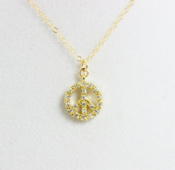 Peace Sign Necklace Gold Filled Women Young Girls Simple Delicate Dainty Pave Crystal Pendant Necklaces Gift Custom Jewelry