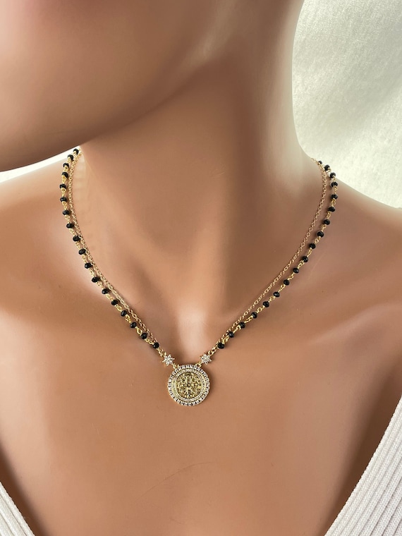 Gold Saint Benedict Necklace 14k Gold Filled Choker Women Black Spinel Rosary Chain Benito Catholic Jewelry Gift Large Chunky Chains