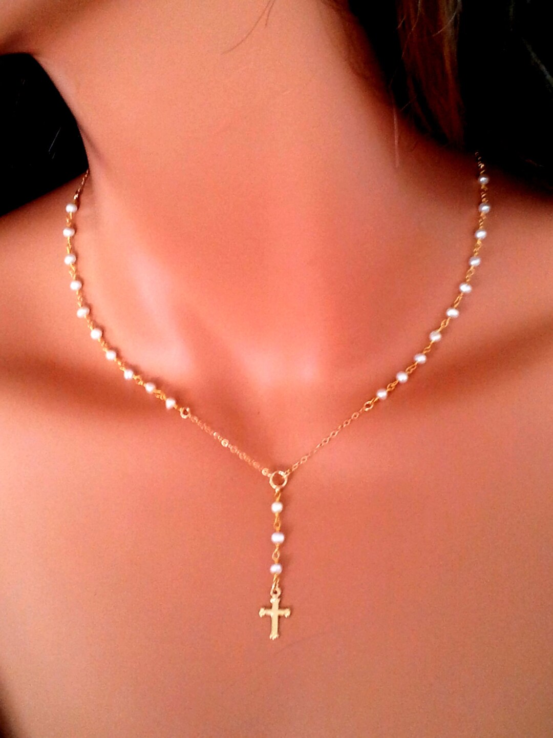 Little Girls Gold Rosary Necklace Pearl Cross Necklaces Dainty Small