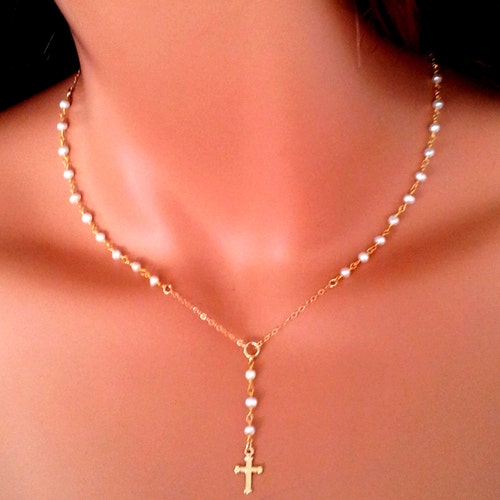 Little Girls Gold Rosary Necklace Pearl Cross Necklaces Dainty Etsy