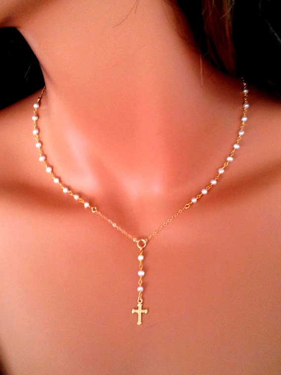 Little Girls Gold Rosary Necklace Pearl Cross Necklaces Dainty Small Jewelry Catholic Christian Communion Confirmation Spiritual Faith
