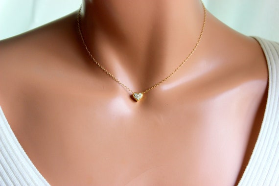 Gold Heart Charm Necklace, Heart Pendant Necklace, Silver Gold Heart Choker  Little Girls Women Jewelry Gift Dainty Pave Crystal Heart