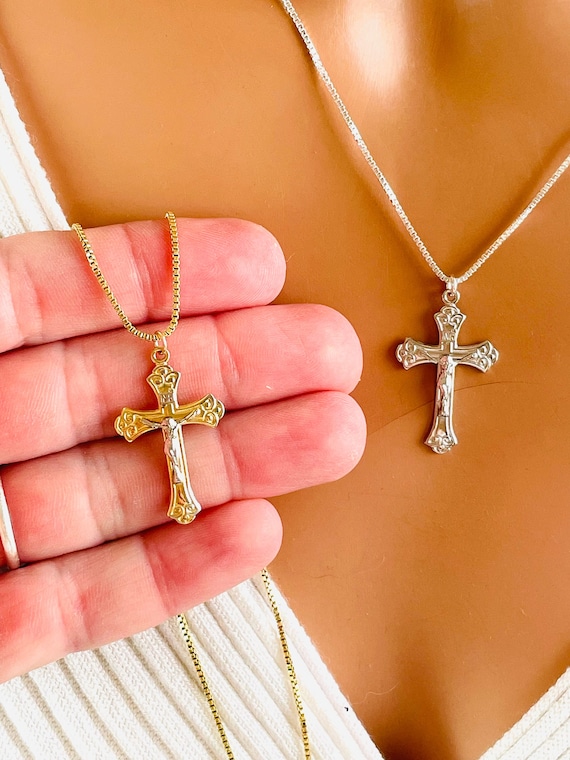 Sterling silver crucifix cross  necklace Gold Filled Box chain Jesus Two tone cross necklaces Catholic jewelry gift