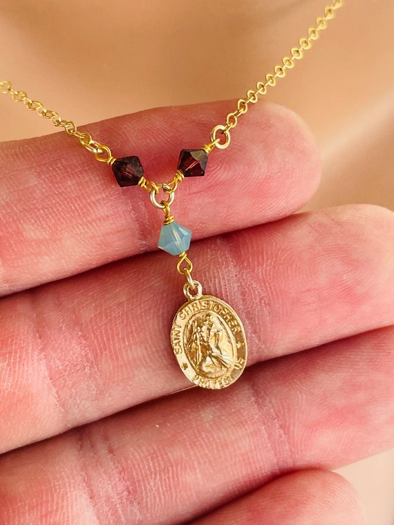 Gold Saint Christopher Necklace Cross Charm Double Charm Necklace Women Dainty Cross Necklace Religious Jewelry Protection Gift