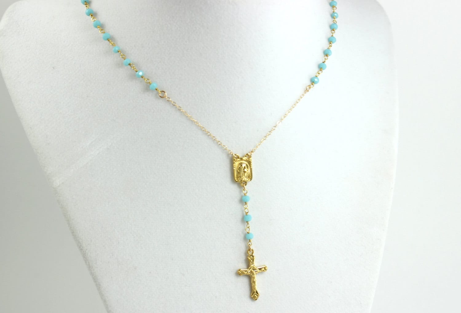 Rosary Necklace HIGH QUALITY Gold Filled Cross Necklaces Turquoise