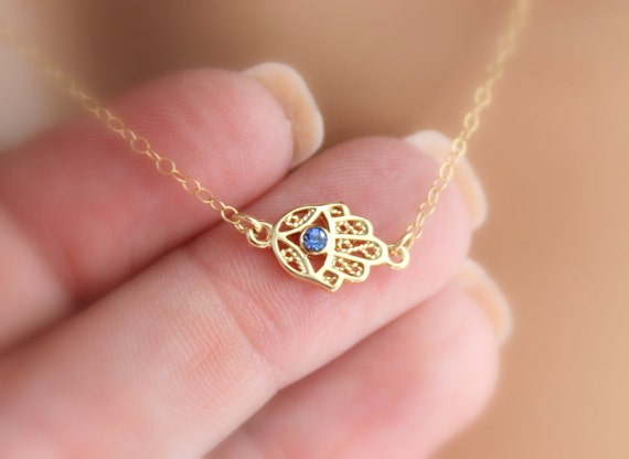 Hamsa Necklace Gold Filled Montana Blue Austrian Crystal Pendant Women Sideways Hand of Fatima Kabalah Protection Jewelry