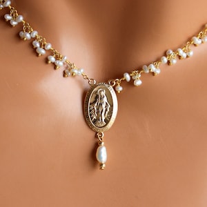 Gold Miraculous Choker Necklace Pearl Collar Necklaces Virgin Mary Charm Cluster Religious Jewelry Mother Mary Pendant Gift