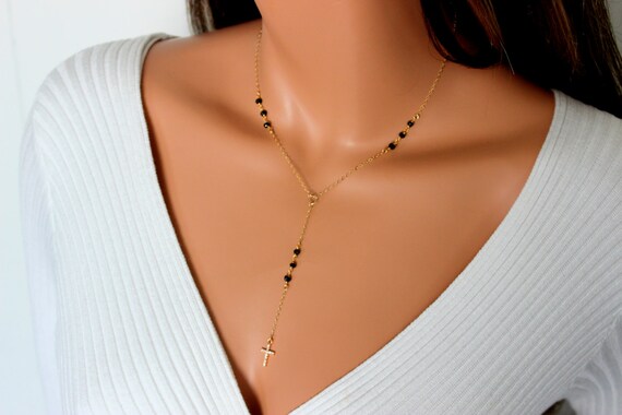 Cross Necklace Women  Rosary Necklace Black Spinel Womens Minimalist Delicate Cross Necklaces Boho Style