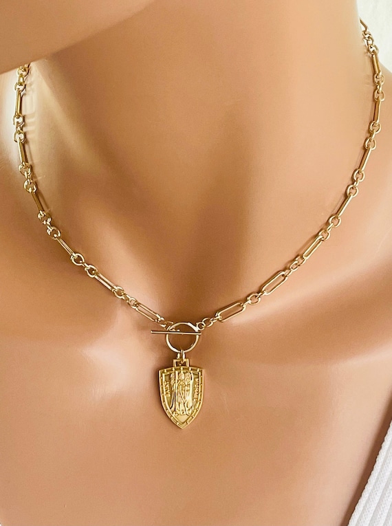 Gold Saint Michael Necklace Sterling Silver Shield Angel Pendant Thick Chunky Chain Protection Catholic Silver St Michael necklace gift