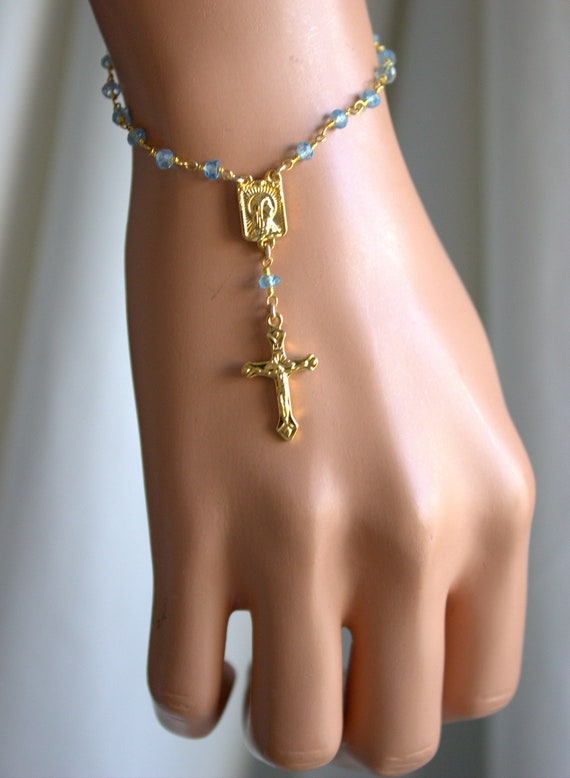 Blue Topaz Rosary Bracelet Gold Anklet Ankle Bracelet Crucifix Cross Jewelry Women High Quality Christian Catholic Gift for her