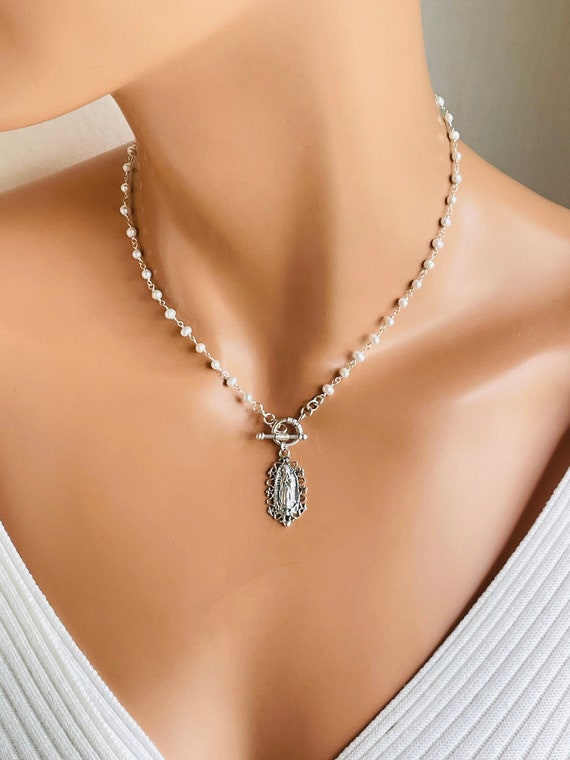 Sterling Silver Our Lady of Guadalupe Necklace Turquoise Virgin Mary Choker Pearl Necklaces Religious Catholic Jewelry Gift