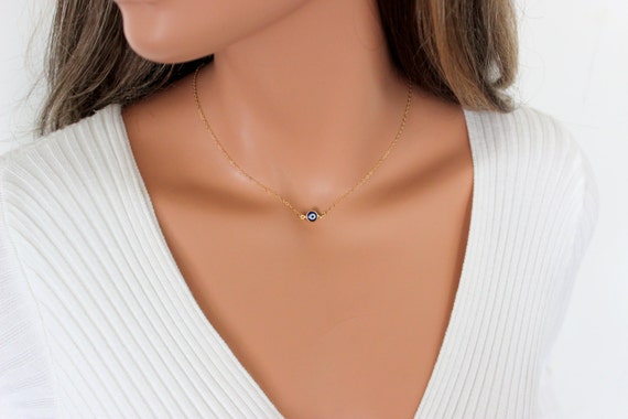Evil Eye Necklace Gold Filled Blue Eyes Minimalist Kabbalah Jewelry Simple Delicate Goldfilled Chain Womens Girls