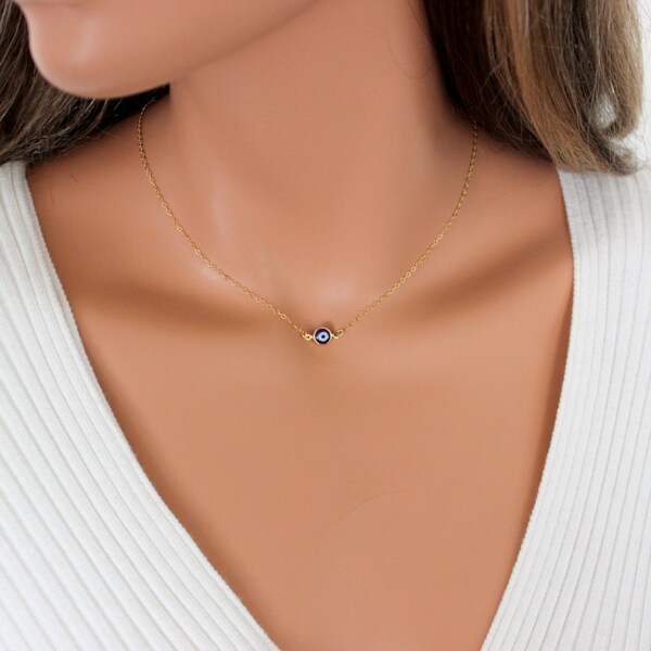 Evil Eye Necklace Gold Filled Blue Eyes Minimalist Kabbalah Jewelry Simple Delicate Goldfilled Chain Womens Girls