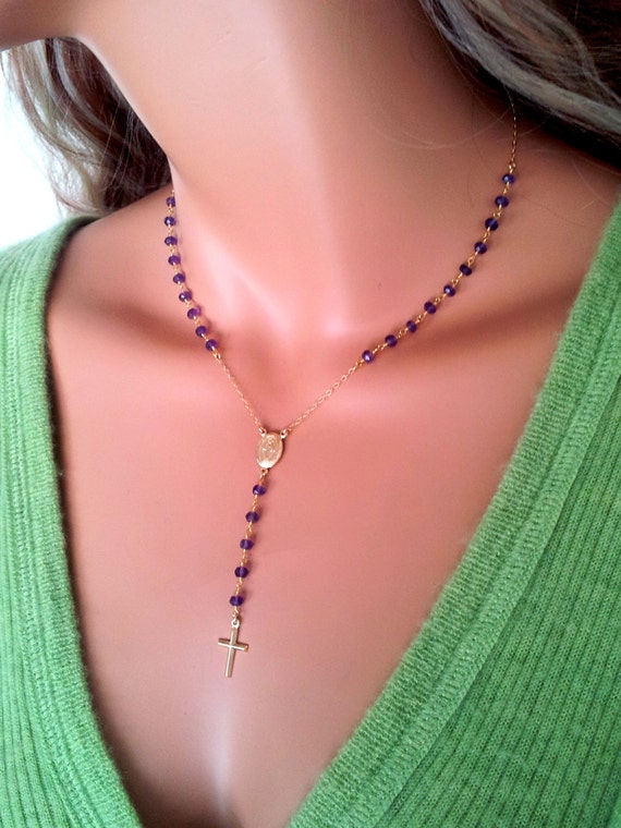 Rosary Necklace Women Gold Filled Y style Cross Necklaces Purple Amethyst Jewelry High Qaulity February Birthstone Confirmation Gift